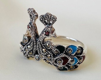 Multicolor Peacock Ring Sterling Silver, Peacock Jewelry, Bird Feather Ring, Animal Boho Ring for Women, Christmas Gift for Her
