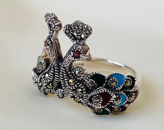 Multicolor Peacock Ring Sterling Silver, Peacock Jewelry, Bird Feather Ring, Animal Boho Ring for Women, Mothers Day Giftfor Her