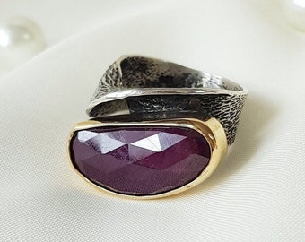 Plum Sapphire Thick Band Ring 925 Sterling Silver
