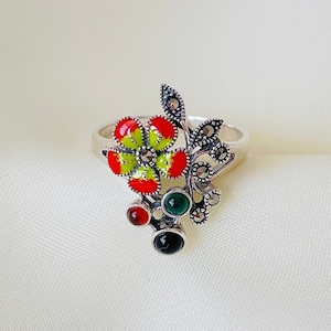 Red Yellow Hibiscus Ring Sterling Silver, Tropical Floral Enamel Ring, Boho Ring for Women, Plumeria Ring, Nature Inspired, Cottagecore Ring