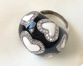 Black And White Enamel Heart Dome Ring 925 Sterling Silver