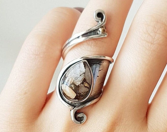 White Calcite Copper Crystal Wrap Ring 925 Sterling Silver