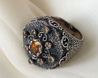 Rustic Orange Sapphire Ring 925 Sterling Silver