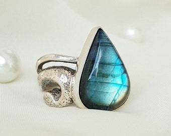 Blue Labradorite Wave Ring 925 Sterling Silver