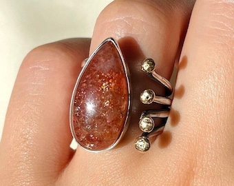 Orange Sunstone Adjustable Ring 925 Sterling Silver