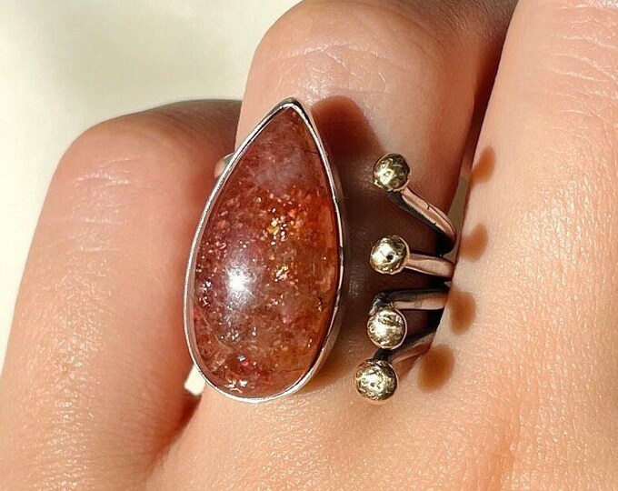 Orange Sunstone Adjustable Ring 925 Sterling Silver