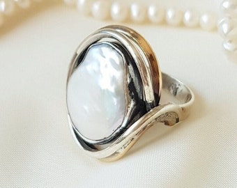 Large Freshwater Pearl Ring Sterling Silver, Handmade Ring, Keshi Baroque Irregular Textured Pearl, Gift for Her