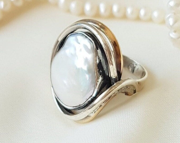 Large Freshwater Pearl Ring Sterling Silver, Gift for Mom, Handmade Designer Ring, Keshi Baroque Irregular Textured Pearl, Gift for Her
