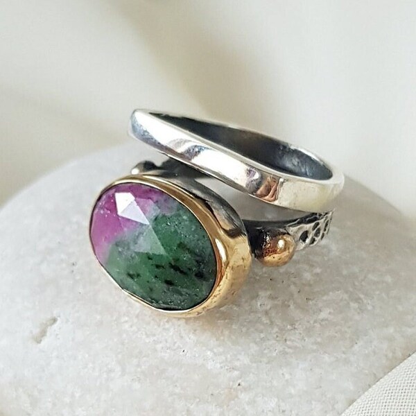 Natural Ruby Zoisite Ring Sterling Silver, Anyolite Red Green Stone Ring, Boho Ring Women Handmade, Mothers Day Gift for Mom, Gift for Her