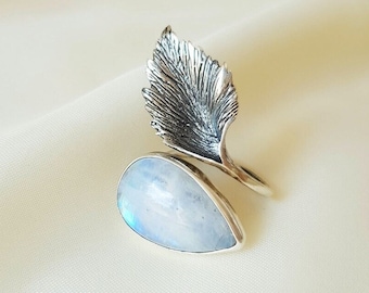Moonstone Wrap Leaf Ring 925 Sterling Silver