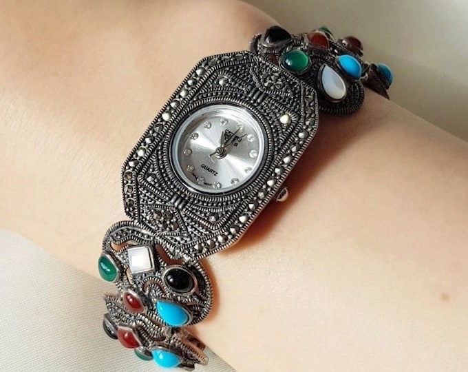 Vintage Wrist Watch Sterling Silver, Gemstone Link Retro HF Wrist Watch for Women, Mothers Day Gift for Her, Watch Jewelry Bracelet Silver
