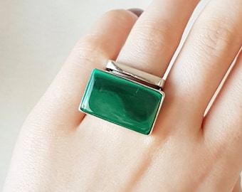 Rectangle Malachite Ring 925 Sterling Silver