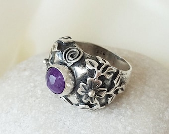 Flower Embossed Amethyst Ring 925 Sterling Silver