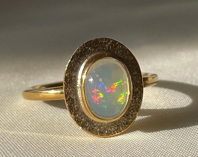 Dainty Opal Ring Gold Minimalist, 22k Gold Vermeil Opal Ring, Thin Opal Celestial Ring, Valentines Day Gift for Her, Handmade Ring