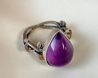 Teardrop Amethyst Ring 925 Sterling Silver, Vine Leaf Ring, February Birthstone, Minimalist Stacking Ring, Gift for Her
