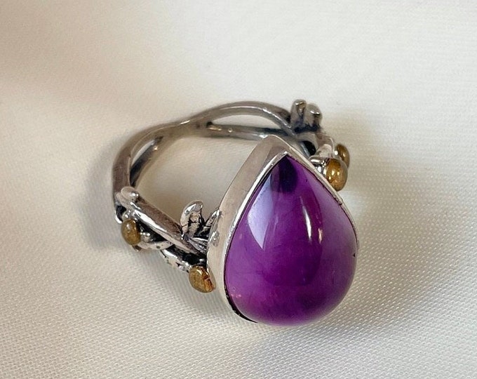 Teardrop Amethyst Ring Sterling Silver, Ivy Leaf Vine Ring, February Birthstone Ring, Minimalist Stacking Ring, Valentines Gift for Her