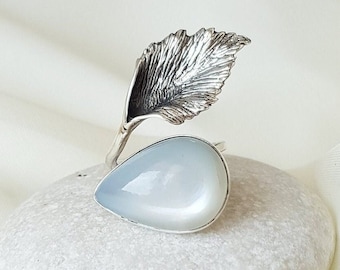 Grey Moonstone Wrap Leaf Ring 925 Sterling Silver