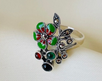 Hibiscus Ring Sterling Silver, Tropical Floral Enamel Ring, Plumeria Hawaii Flower, Boho Ring for Women, Leaf Branch Ring, Gift for Her