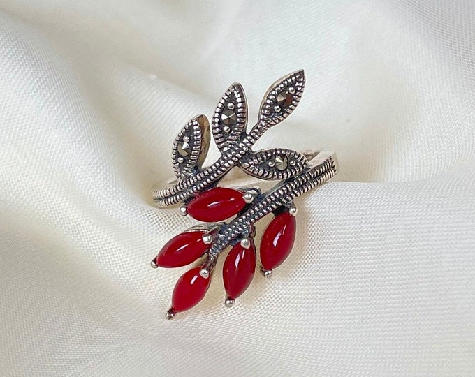 Carnelian Leaf Branch Ring 925 Sterling Silver