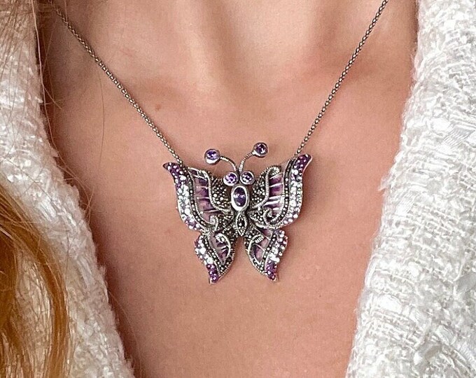 Purple Butterfly Enamel Pendant Brooch 925 Sterling Silver