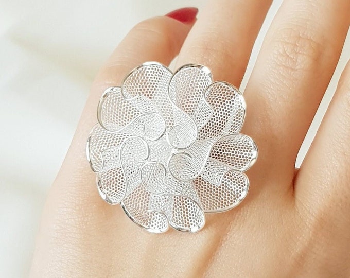 Big Rose Flower Filigree Ring 925 Sterling Silver
