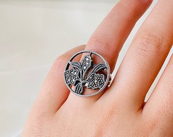 Orchid Floral Ring Sterling Silver, Dainty Flower Ring, Vintage Marcasite Ring, Nature Inspired, Gift for Her, Fairycore Ring