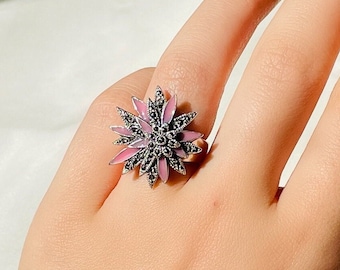 Vintage Pink Chrysanthemum Flower Statement Ring 925 Sterling Silver