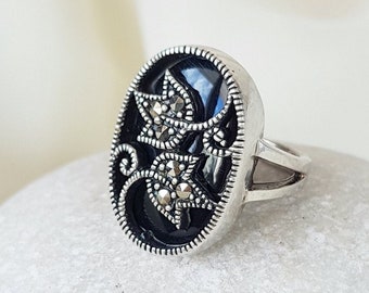 Tulp Gedetailleerde Onyx Ring Sterling Zilver, Bloemen Ring, Vintage Marcasite Ring, Ovale Onyx Ring, Natuur Geïnspireerd, Dubbele Tulpen, Cadeau voor Haar