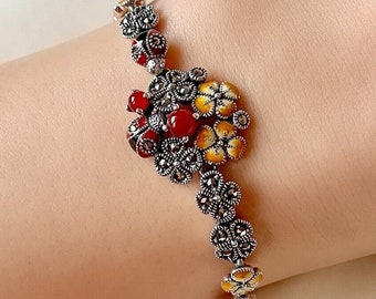 Yellow Flowers and Ladybug Bracelet 925 Sterling Silver