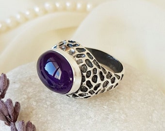 Natural Amethyst Ring Sterling Silver, February Birthstone Ring, Handmade Boho Ring, Dalmatian Pattern Ring, Gift for Her