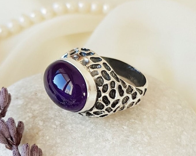Natural Amethyst Ring Sterling Silver, February Birthstone Ring, Handmade Boho Ring for Women, Amethsyt Healing Ring, Purple Amethyst Ring