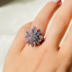 Vintage Pink Flower Statement Ring Sterling Silver, Chrysanthemum Ring, Handmade Ring for Women, Mothers Day Gift for Her