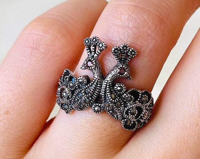 Double Peacock Ring Sterling Silver, Black Enamel Ring, Peacock Jewelry, Bird Feather Ring, Animal Ring, Mothers Day Gift for Her