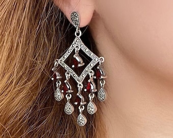 Red Garnet Chandelier Earrings 925 Sterling Silver