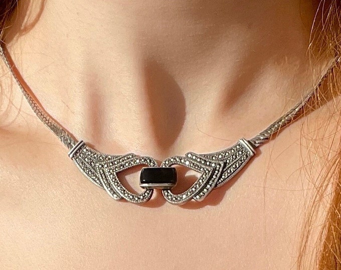 Vintage Two Hearts Onyx Necklace 925 Sterling Silver