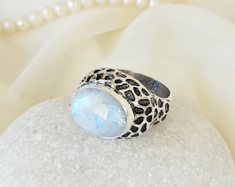 Natural Moonstone Ring Sterling Silver, Celestial Ring, Blue Flash Ring, Dalmatian Pattern Ring, Gift for Her