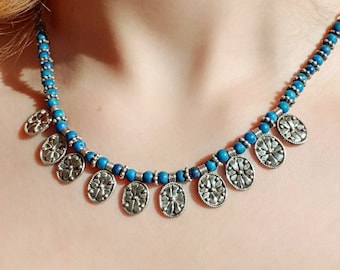 Turquoise Beaded Necklace, Western Necklace, Turquoise Jewelry, Blue Layering Necklace, Flower Charm Chain Necklace 900 Silver, Gift for Her