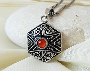 Hexagon Authentic Pendant With Carnelian 925 Sterling Silver