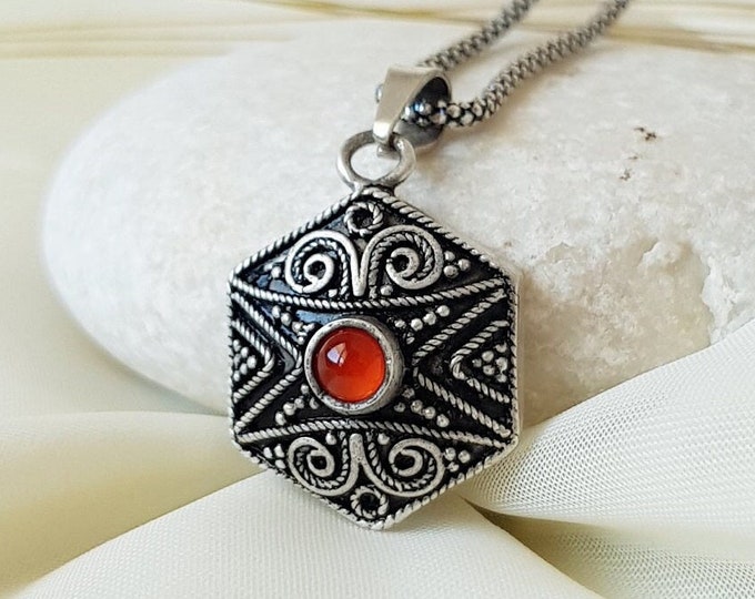 Hexagon Authentic Pendant With Carnelian 925 Sterling Silver