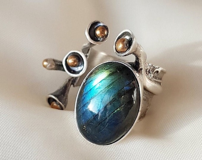 Adjustable Labradorite Band Ring 925 Sterling Silver
