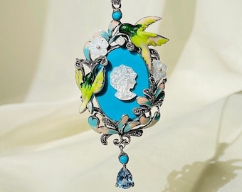 Blue Cameo Bird Necklace 925 Sterling Silver