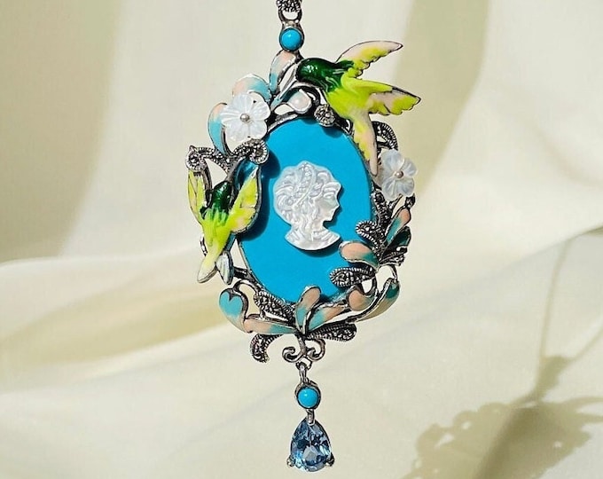 Blue Cameo Bird Necklace 925 Sterling Silver
