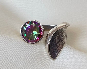 Solitaire Mystic Topaz Ring 925 Sterling Silver