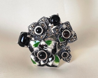 Black Flower Bouquet Ring 925 Sterling Silver