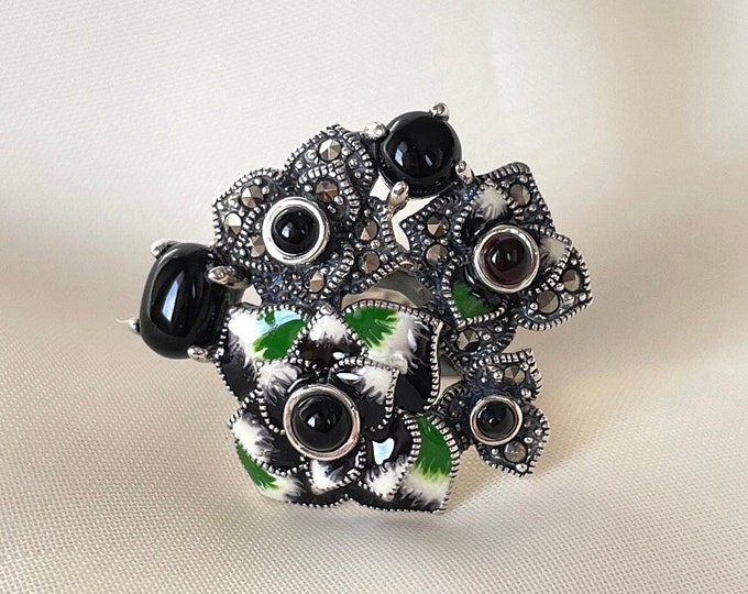 Black Flower Bouquet Ring 925 Sterling Silver
