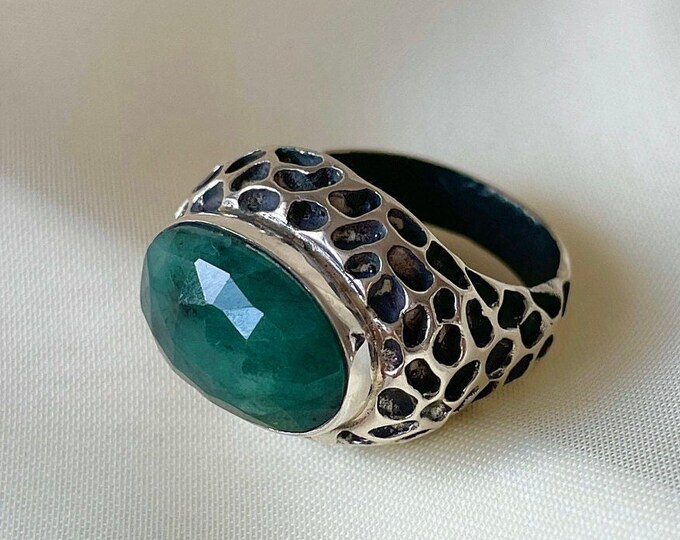 Green Zoisite Ring Sterling Silver, Dalmatian Pattern Ring, Natural Anyolite Dark Zoisite, Boho Ring for Women, Mothers Day Gift for Her