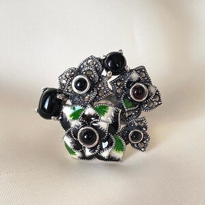 Black Flower Ring Sterling Silver, Enamel Flowers Ring, Nature Ring, Gifts for Her, Handmade Jewelry, Mothers Day Gift