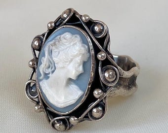 Blue Cameo Ring 925 Sterling Silver, Resin Oval Portrait, Vintage Victorian Style Jewelry, Antique Inspired Handmade Statement, Gift for Her