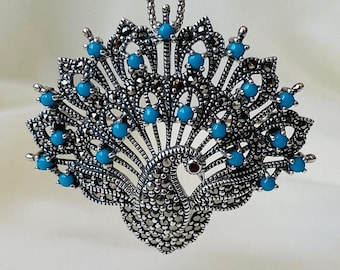 Turquoise Peacock Pendant Brooch Sterling Silver, Turquoise Marcasite Necklace, Turquoise Jewelry, Animal Necklace, Christmas Gift for Her