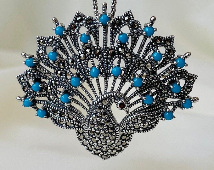 Turquoise Peacock Pendant Brooch Sterling Silver, Turquoise Marcasite Necklace, Turquoise Jewelry, Animal Necklace, Christmas Gift for Her